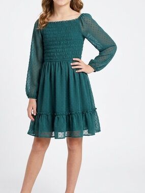 AVA & YELLY Girls Swiss Dot Smocked Semi-Sheer Dark Green Long Sleeve Midi Dress